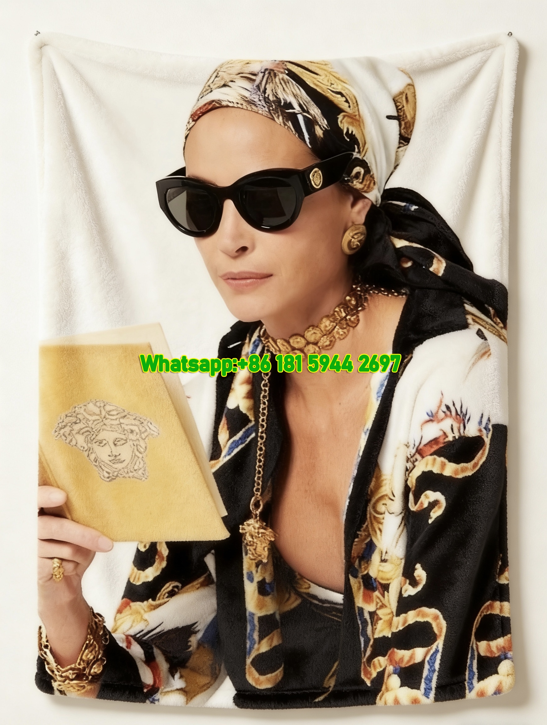 Versace Black Gold Baroque Medusa Print Flannel Throw Blanket IMG_1701